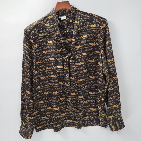 Vintage Evan-Picone Horse Print Tie Neck Blouse Size 16 Shoulder Pads Button Up - Picture 14 of 16